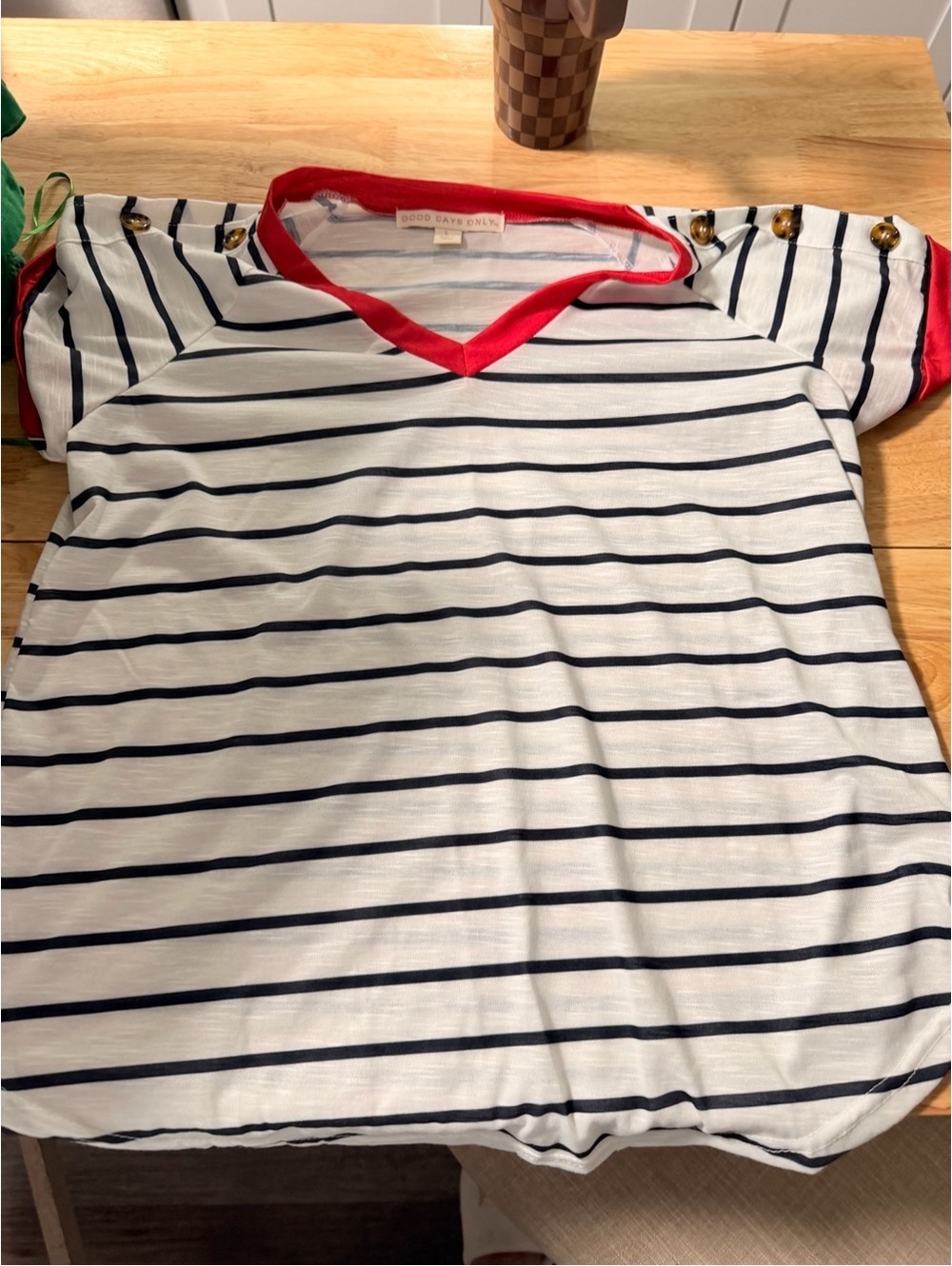 Womens Striped V-Neck Tee in White & Navy with Red Trim